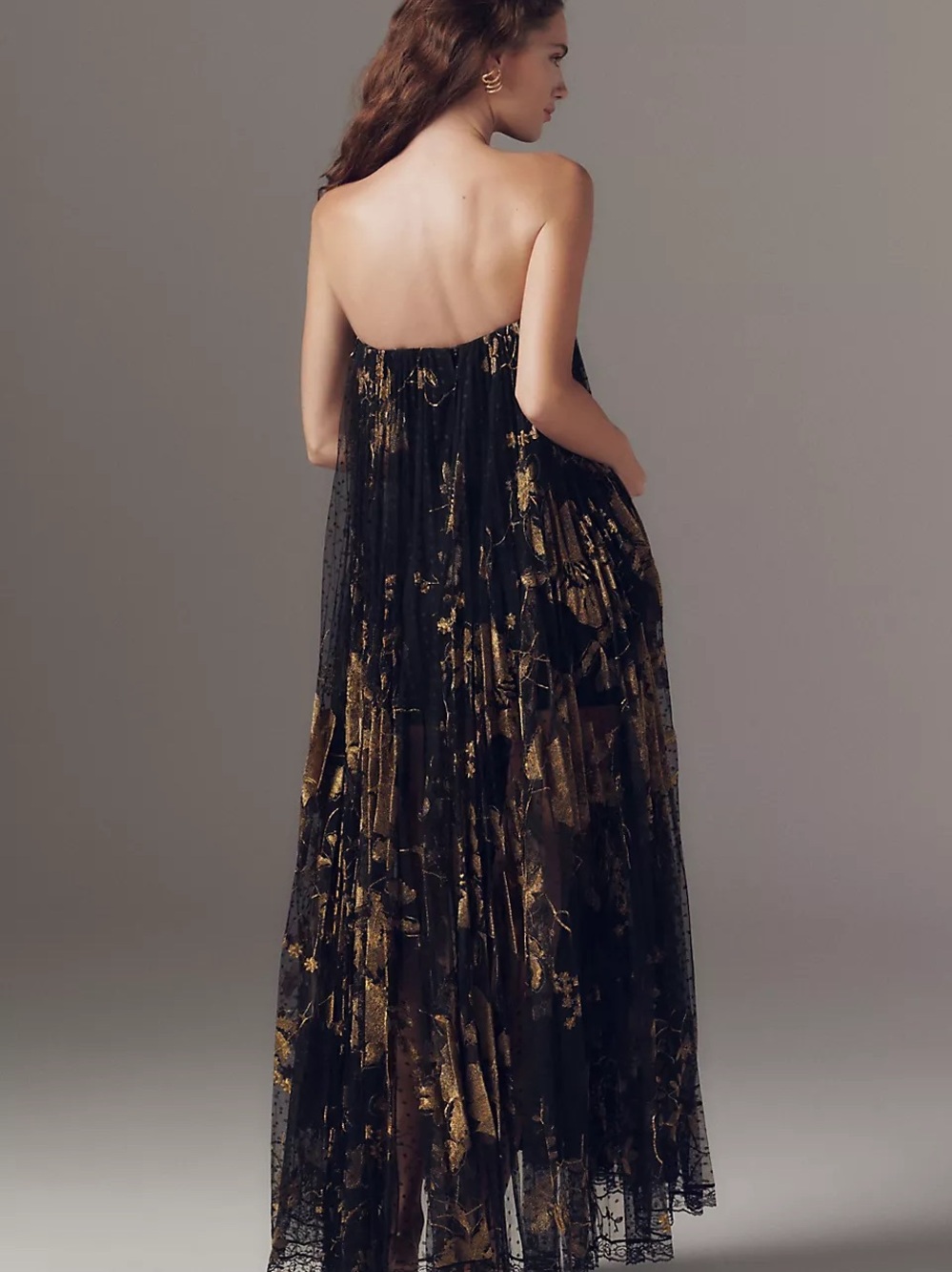 Helsi Delphine Strapless Pleated Sheer Lace Maxi Dressyy black/Gold Size S NWT - Picture 3 of 9
